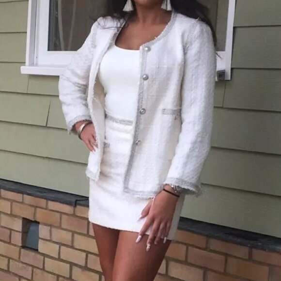 Zara Ivory Tweed Blazer Pearl Buttons and Silver Threads Edging, NWT, S - Picture 2 of 15